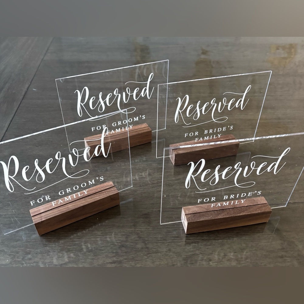 4 Reserved Acrylic Table Signs with Wood Base - Clear
